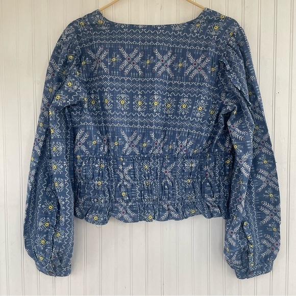 Anthropologie Forever That Girl Blue Floral Embroidered Smocked Top Medium NWT - Picture 3 of 8